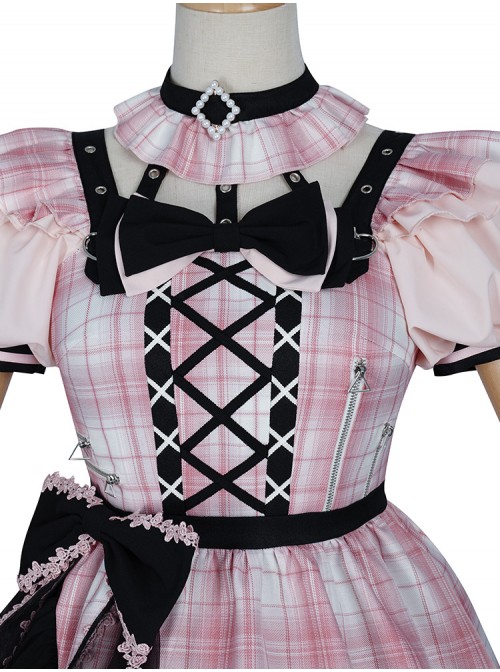 Tsubaki Sakura Series OP Idol Singing Clothes Black Sweet Pink Plaid Sweet Lolita Short Sleeve Dress