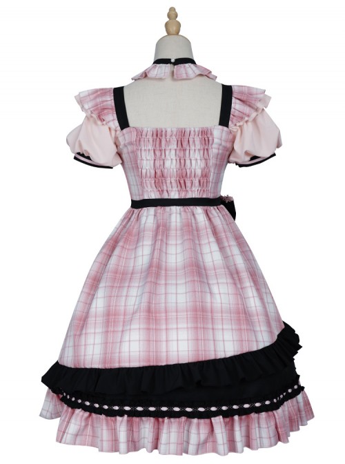 Tsubaki Sakura Series OP Idol Singing Clothes Black Sweet Pink Plaid Sweet Lolita Short Sleeve Dress