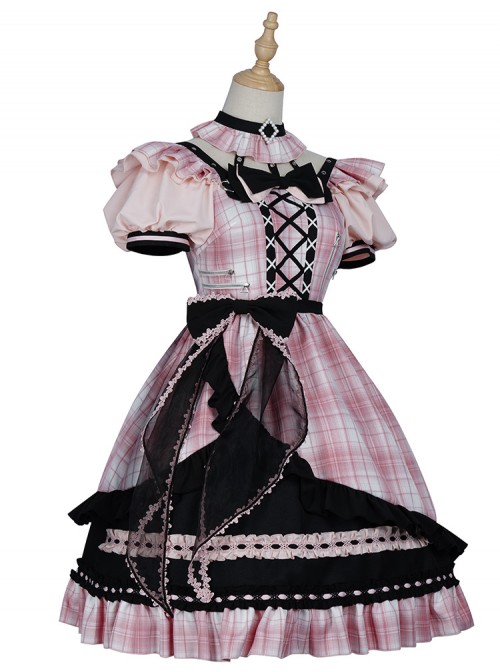 Tsubaki Sakura Series OP Idol Singing Clothes Black Sweet Pink Plaid Sweet Lolita Short Sleeve Dress