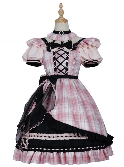 Tsubaki Sakura Series OP Idol Singing Clothes Black Sweet Pink Plaid Sweet Lolita Short Sleeve Dress