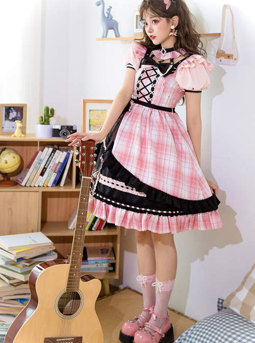 Tsubaki Sakura Series OP Idol Singing Clothes Black Sweet Pink Plaid Sweet Lolita Short Sleeve Dress