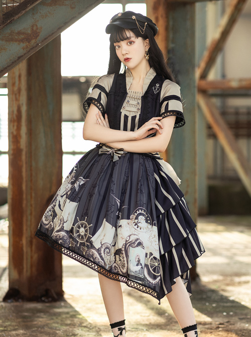 Pirate Boat Series OP Retro Irregular Big Hem Punk Lolita Short Sleeve Dress