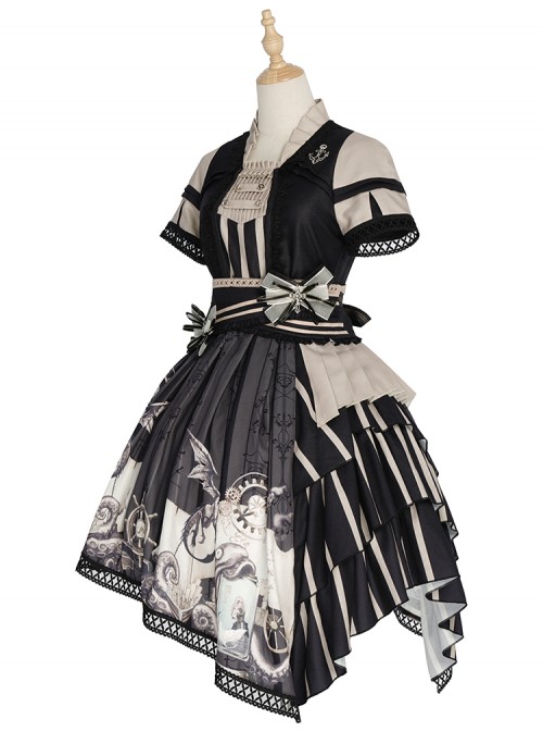 Pirate Boat Series OP Retro Irregular Big Hem Punk Lolita Short Sleeve Dress