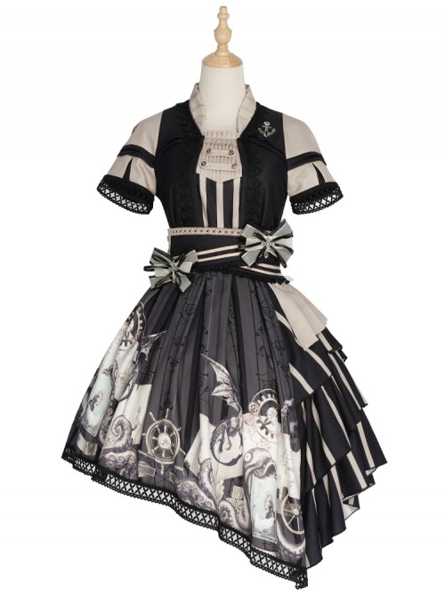 Pirate Boat Series OP Retro Irregular Big Hem Punk Lolita Short Sleeve Dress