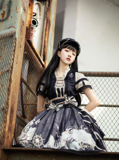 Pirate Boat Series OP Retro Irregular Big Hem Punk Lolita Short Sleeve Dress