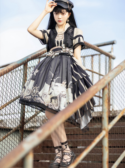 Pirate Boat Series OP Retro Irregular Big Hem Punk Lolita Short Sleeve Dress