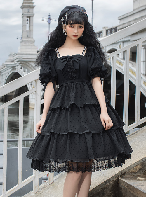 Sicily Series OP Three-section Hem Vintage Elegant Black Chiffon Classic Lolita Short Sleeve Dress