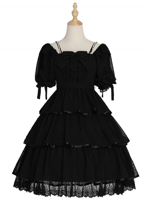 Sicily Series OP Three-section Hem Vintage Elegant Black Chiffon Classic Lolita Short Sleeve Dress