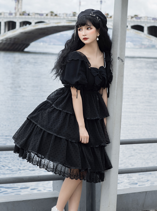 Sicily Series OP Three-section Hem Vintage Elegant Black Chiffon Classic Lolita Short Sleeve Dress