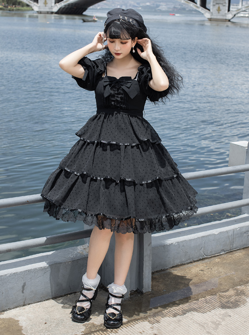 Sicily Series OP Three-section Hem Vintage Elegant Black Chiffon Classic Lolita Short Sleeve Dress