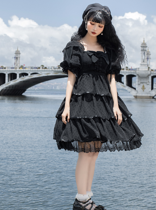 Sicily Series OP Three-section Hem Vintage Elegant Black Chiffon Classic Lolita Short Sleeve Dress