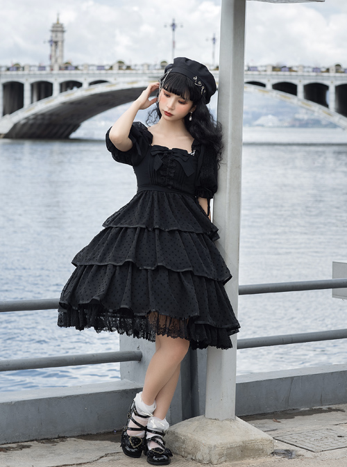 Sicily Series OP Three-section Hem Vintage Elegant Black Chiffon Classic Lolita Short Sleeve Dress