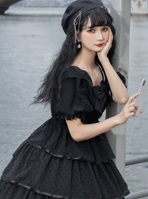 Sicily Series OP Three-section Hem Vintage Elegant Black Chiffon Classic Lolita Short Sleeve Dress