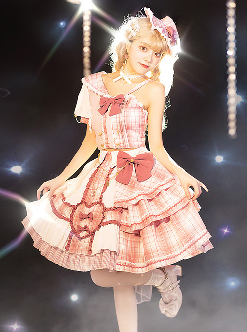 Pink Sniper Series OP Idol Singing Clothing Pink Plaid Sweet Lolita Short Sleeve Set