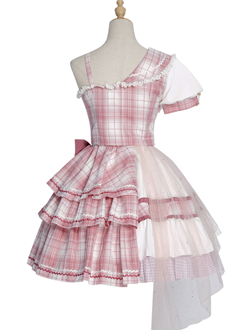 Pink Sniper Series OP Idol Singing Clothing Pink Plaid Sweet Lolita Short Sleeve Set