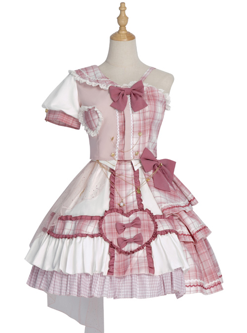 Pink Sniper Series OP Idol Singing Clothing Pink Plaid Sweet Lolita Short Sleeve Set