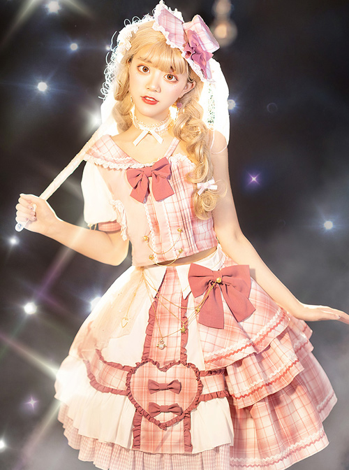 Pink Sniper Series OP Idol Singing Clothing Pink Plaid Sweet Lolita Short Sleeve Set