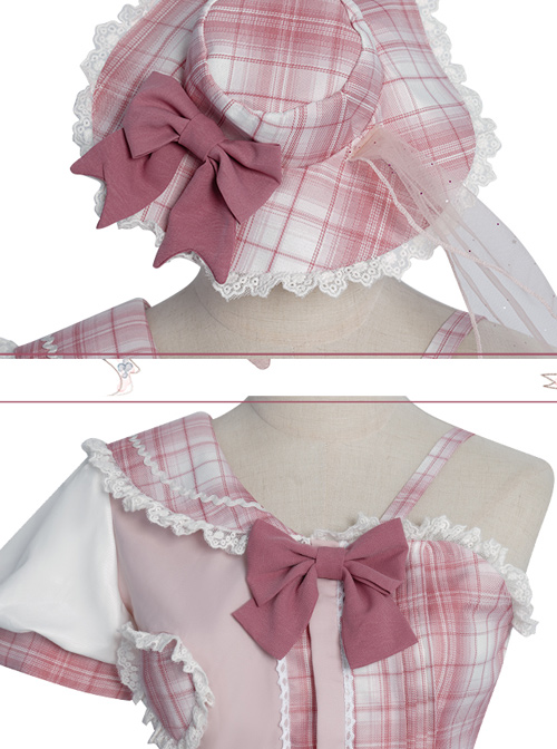 Pink Sniper Series OP Idol Singing Clothing Pink Plaid Sweet Lolita Short Sleeve Set