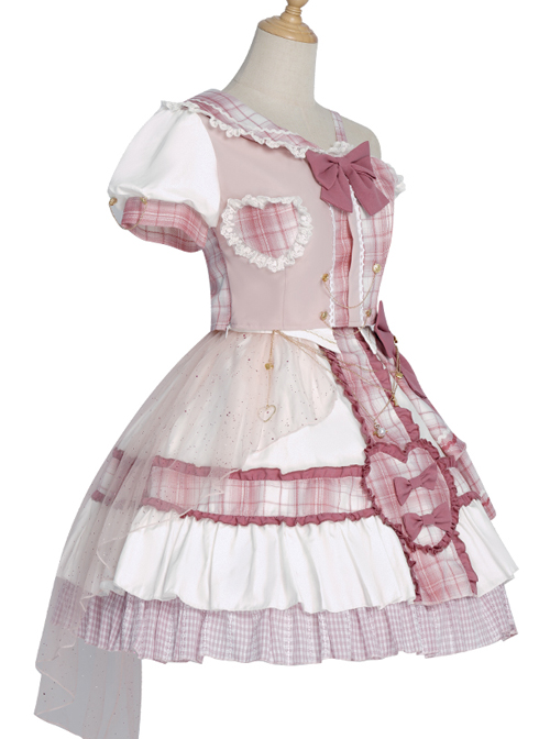 Pink Sniper Series OP Idol Singing Clothing Pink Plaid Sweet Lolita Short Sleeve Set