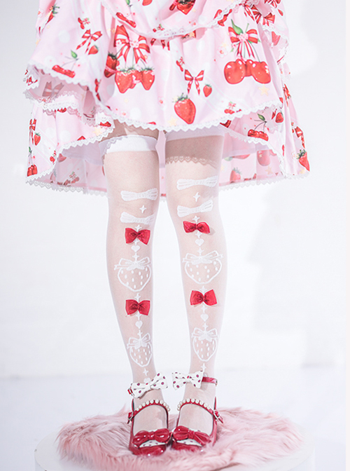 Strawberry Bow Tie Series Summer Bowknot Sweet Lolita Glass-silk Ultra-Thin Stockings