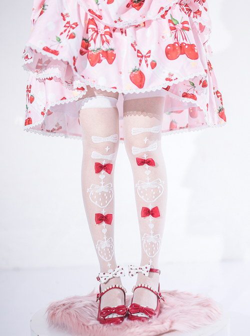 Strawberry Bow Tie Series Summer Bowknot Sweet Lolita Glass-silk Ultra-Thin Stockings