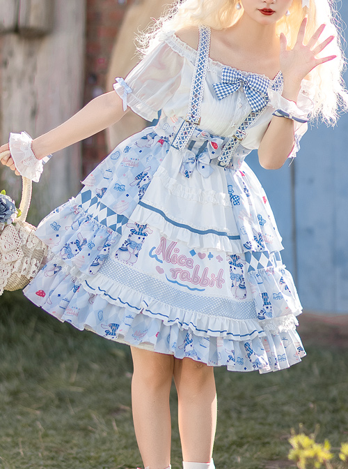 Alice Bunny Series SK Cute Printing Navy Style Sweet Lolita Light Blue Back Straps Skirt