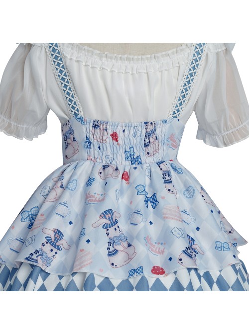 Alice Bunny Series SK Cute Printing Navy Style Sweet Lolita Light Blue Back Straps Skirt