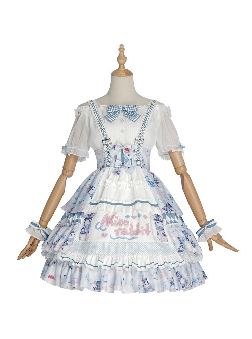 Alice Bunny Series SK Cute Printing Navy Style Sweet Lolita Light Blue Back Straps Skirt