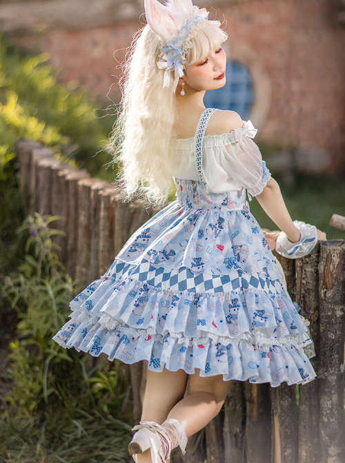 Alice Bunny Series SK Cute Printing Navy Style Sweet Lolita Light Blue Back Straps Skirt