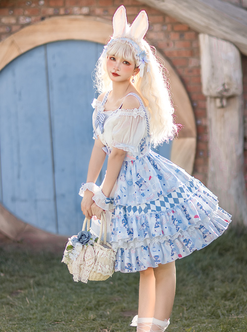 Alice Bunny Series SK Cute Printing Navy Style Sweet Lolita Light Blue Back Straps Skirt