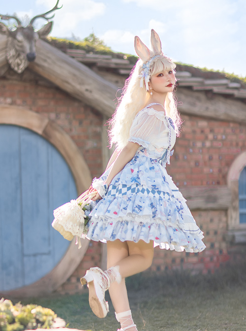 Alice Bunny Series SK Cute Printing Navy Style Sweet Lolita Light Blue Back Straps Skirt