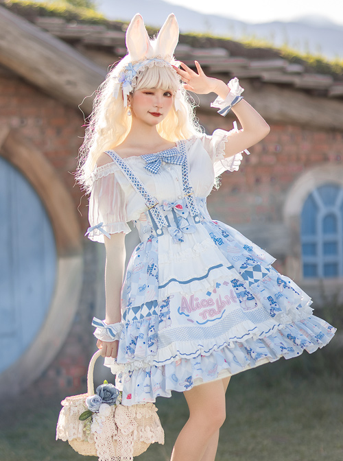 Alice Bunny Series SK Cute Printing Navy Style Sweet Lolita Light Blue Back Straps Skirt