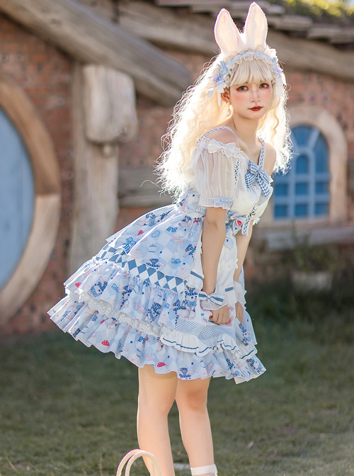 Alice Bunny Series SK Cute Printing Navy Style Sweet Lolita Light Blue Back Straps Skirt