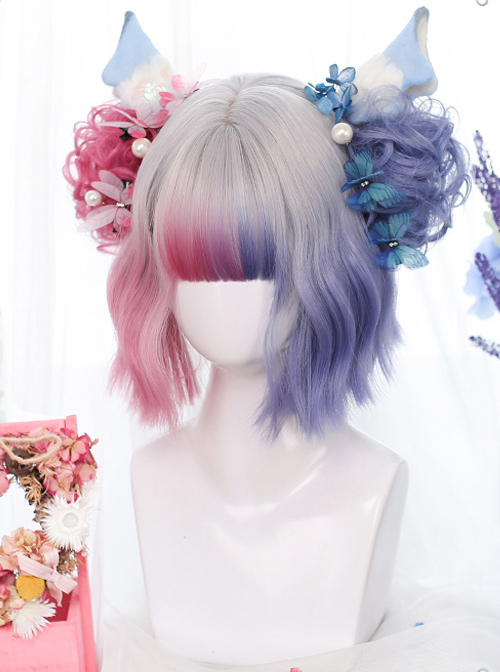 Multicolor Gradient Short Curly Wig Sweet Lolita Wigs With Wig Clips