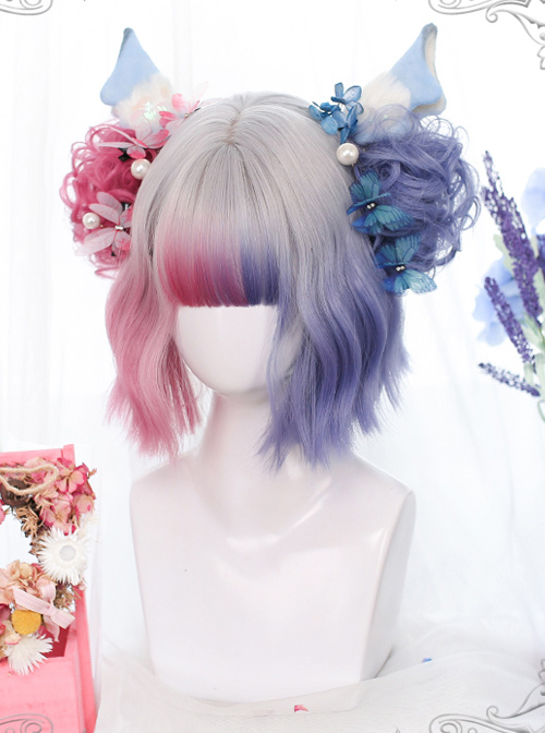 Multicolor Gradient Short Curly Wig Sweet Lolita Wigs With Wig Clips