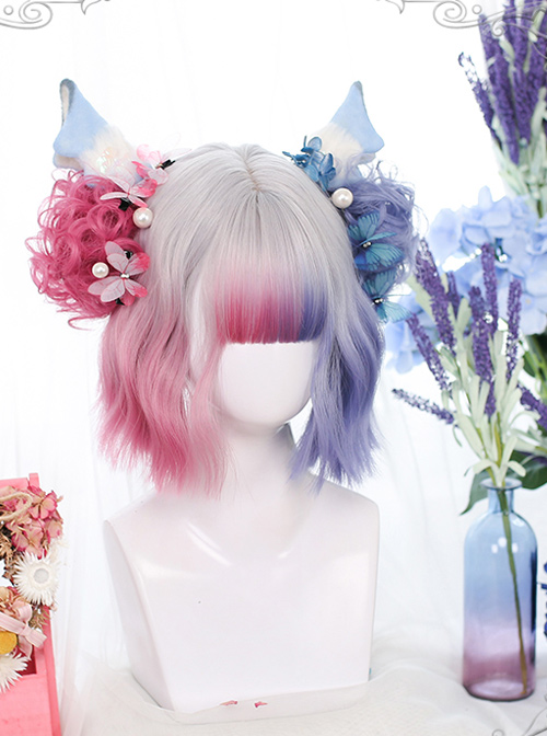 Multicolor Gradient Short Curly Wig Sweet Lolita Wigs With Wig Clips