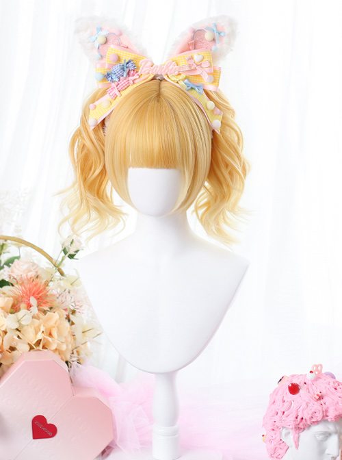 Orange Gold Short Wig Sweet Lolita Wigs With Curly Double Ponytail Clips