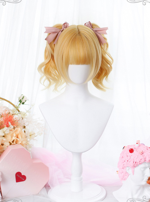 Orange Gold Short Wig Sweet Lolita Wigs With Curly Double Ponytail Clips