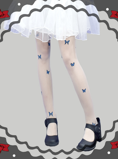 Summer Thin Blue Butterfly Printing Retro Gothic Lolita Pantyhose