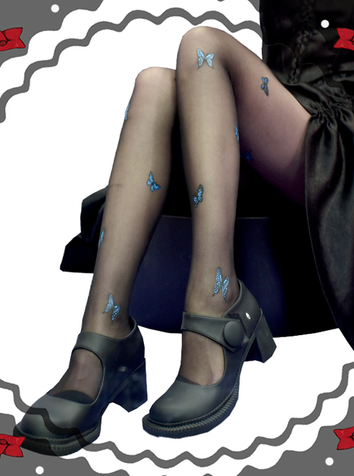 Summer Thin Blue Butterfly Printing Retro Gothic Lolita Pantyhose