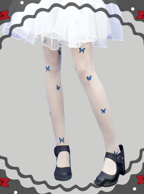Summer Thin Blue Butterfly Printing Retro Gothic Lolita Pantyhose