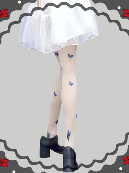 Summer Thin Blue Butterfly Printing Retro Gothic Lolita Pantyhose