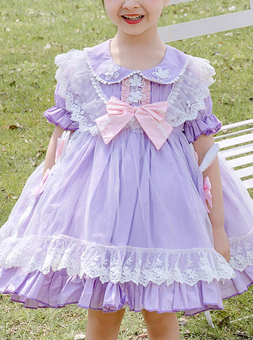 Rabbit Ears Hem Decoration Light Purple Doll Collar Children Sweet Lolita Kids Short Sleeve Dress