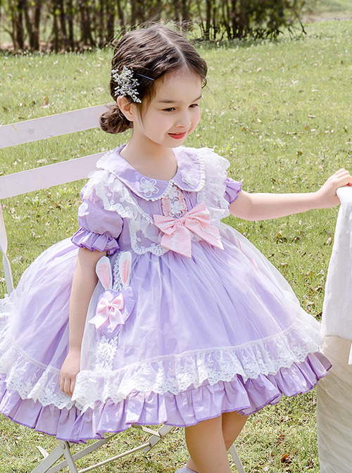 Rabbit Ears Hem Decoration Light Purple Doll Collar Children Sweet Lolita Kids Short Sleeve Dress