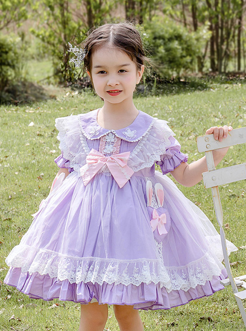 Rabbit Ears Hem Decoration Light Purple Doll Collar Children Sweet Lolita Kids Short Sleeve Dress