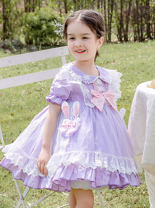 Rabbit Ears Hem Decoration Light Purple Doll Collar Children Sweet Lolita Kids Short Sleeve Dress