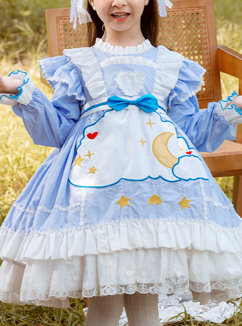 Cartoon Stars Moon Pattern Children Sweet Lolita Kids Blue Long Sleeve Dress