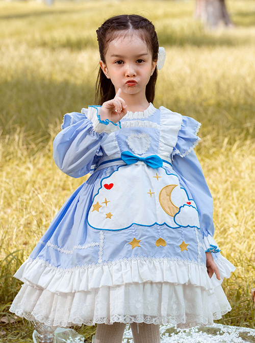 Cartoon Stars Moon Pattern Children Sweet Lolita Kids Blue Long Sleeve Dress