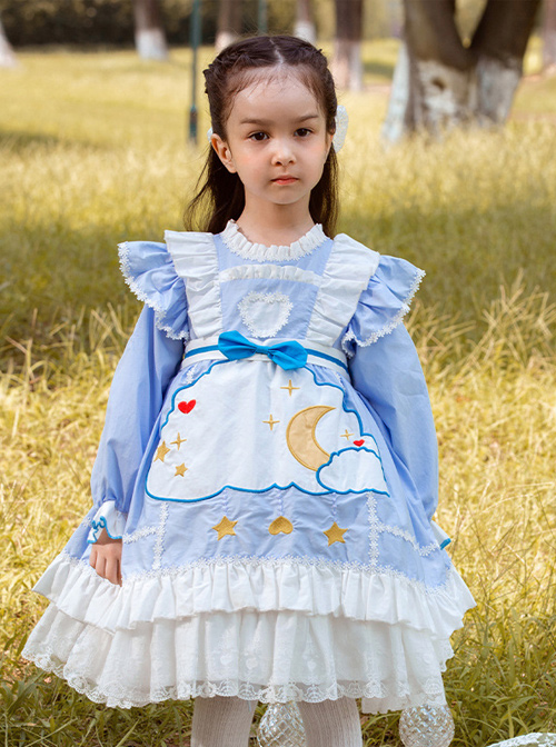 Cartoon Stars Moon Pattern Children Sweet Lolita Kids Blue Long Sleeve Dress