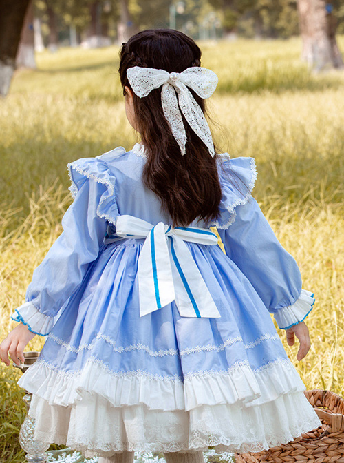Cartoon Stars Moon Pattern Children Sweet Lolita Kids Blue Long Sleeve Dress